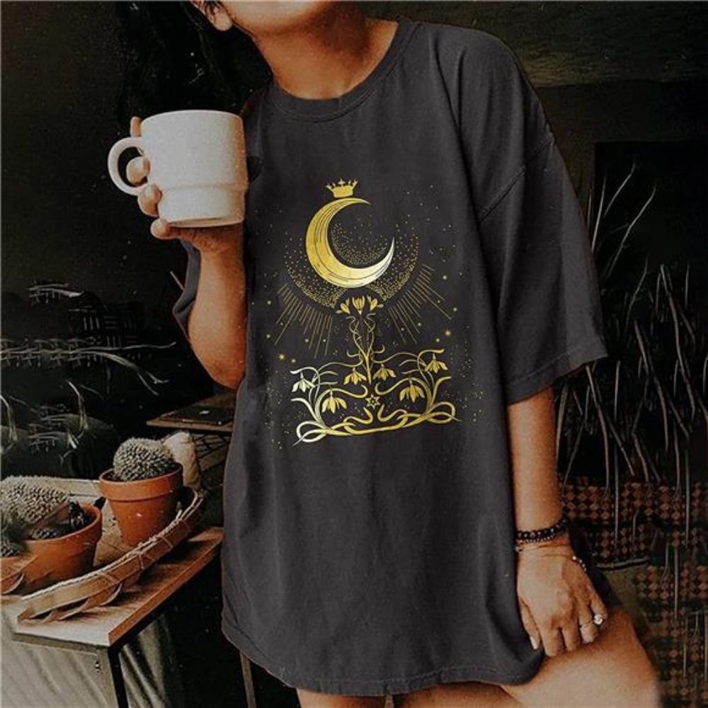 Boho Moon Flower Graphic Printed Oversized T Shirt‎ Vintage Short Sleeve Tee Top